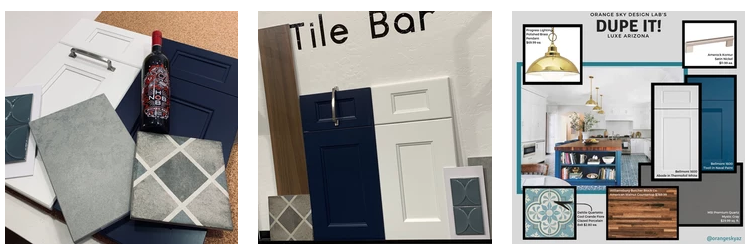 A colorful navy blue & white shaker kitchen with a fun pattern floor